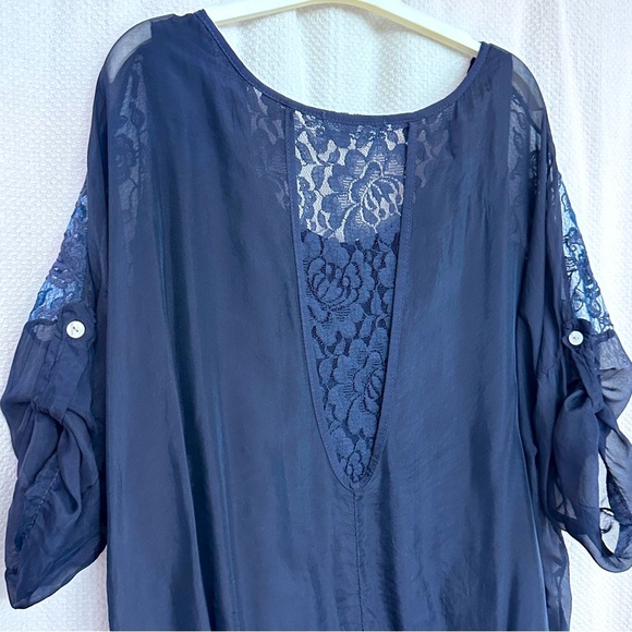 Elegant Silk Navy Blue Lace Blouse - Picture 6 of 7